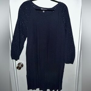 Navy Blue Knit Dress with Eyelet Sleeves